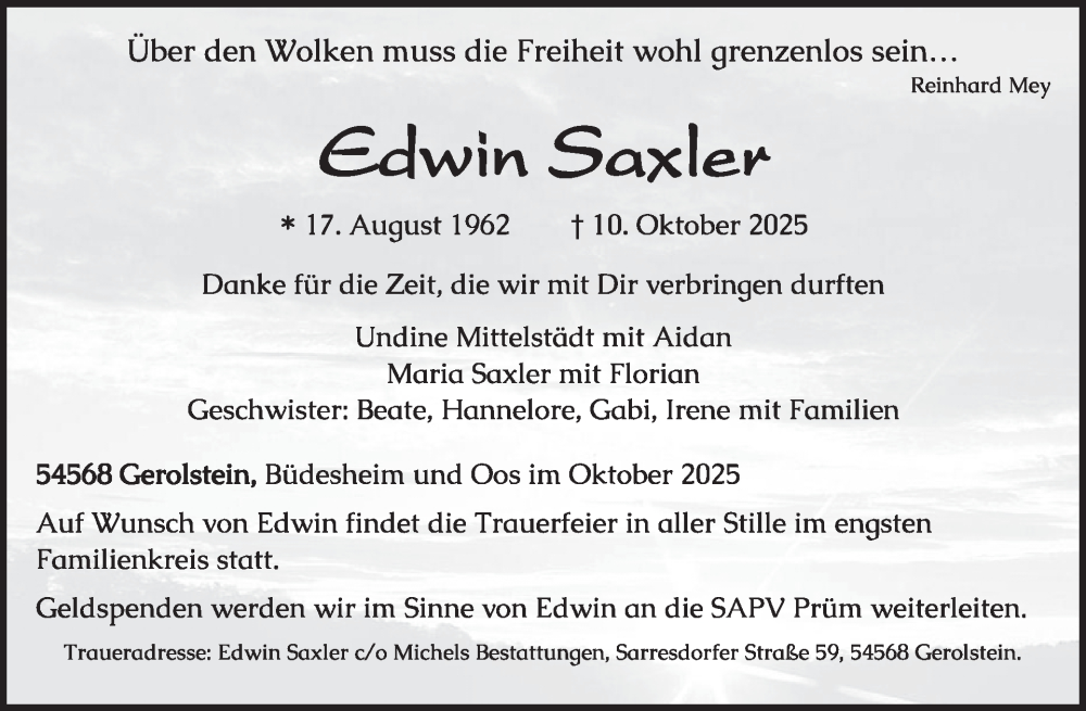  Traueranzeige für Edwin Saxler vom 25.10.2025 aus WochenSpiegel