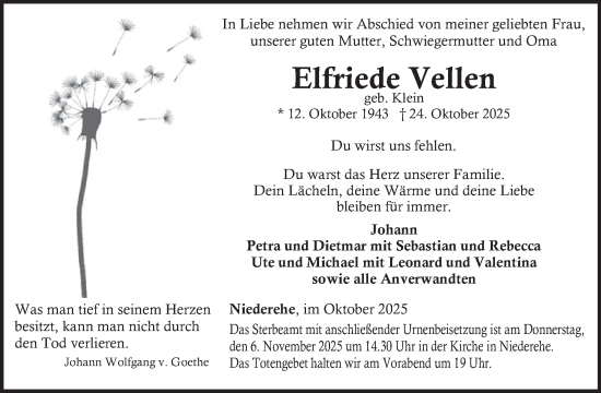Traueranzeige von Elfriede Vellen von WochenSpiegel