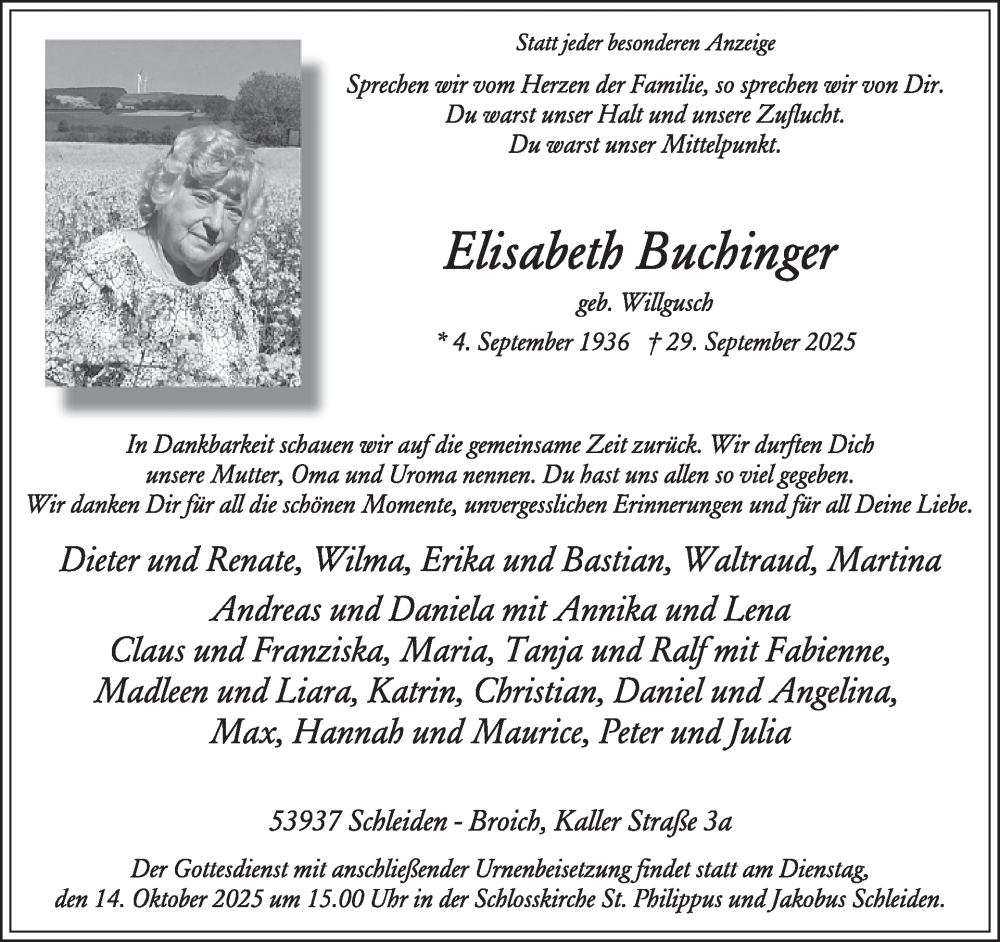  Traueranzeige für Elisabeth Buchinger vom 08.10.2025 aus WochenSpiegel