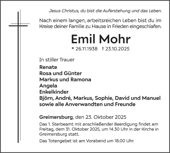 Traueranzeige von Emil Mohr von WochenSpiegel