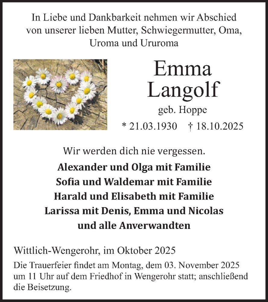 Traueranzeige für Emma Langolf vom 31.10.2025 aus WochenSpiegel