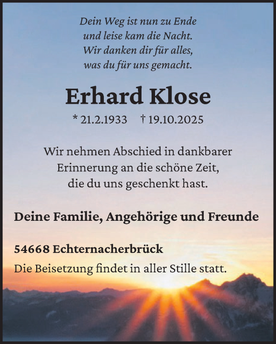 Traueranzeige von Erhard Klose von WochenSpiegel