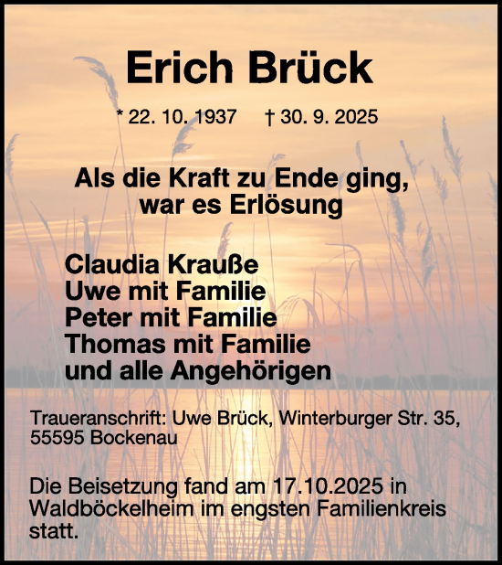 Traueranzeige von Erich Brück von WochenSpiegel