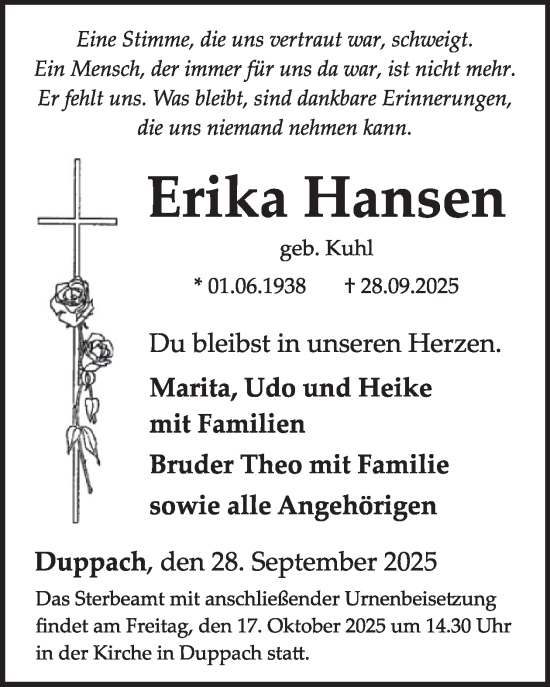 Traueranzeige von Erika Hansen von WochenSpiegel