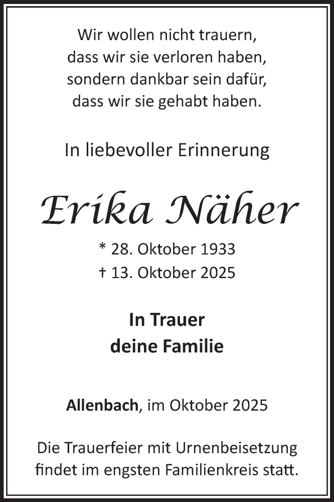  Traueranzeige für Erika Näher vom 25.10.2025 aus WochenSpiegel