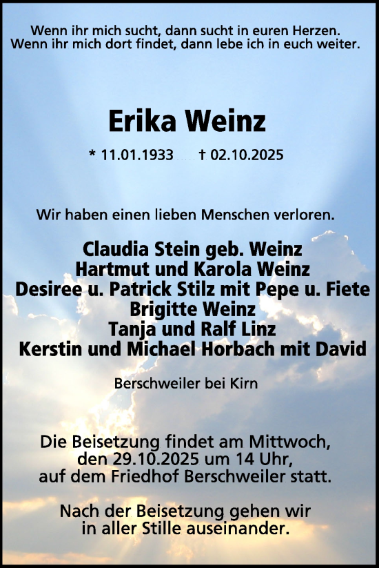 Traueranzeige von Erika Weinz von WochenSpiegel