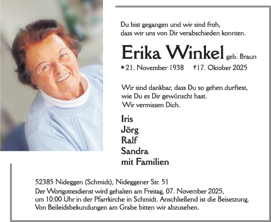 Traueranzeige von Erika Winkel von WochenSpiegel