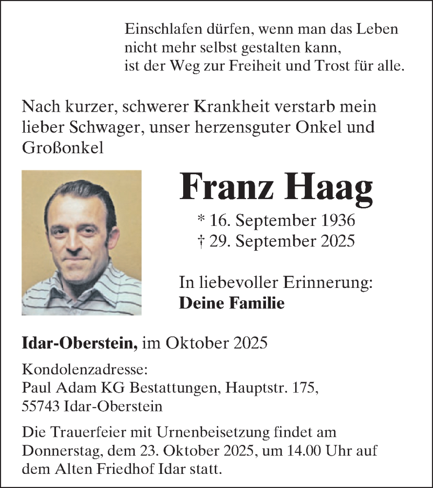  Traueranzeige für Franz Haag vom 18.10.2025 aus WochenSpiegel