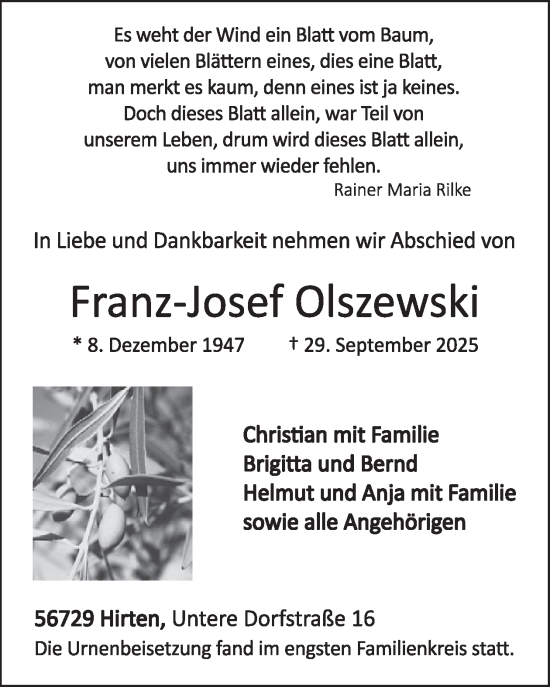 Traueranzeige von Franz-Josef Olszewski von WochenSpiegel