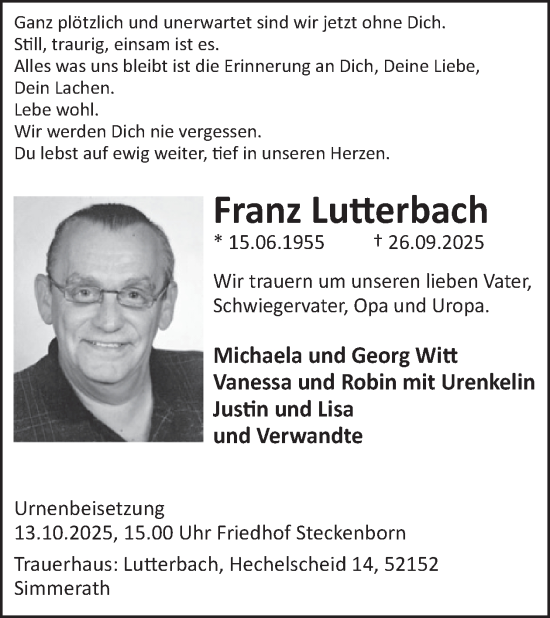 Traueranzeige von Franz Lutterbach von WochenSpiegel