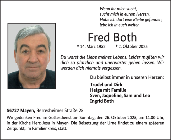 Traueranzeige von Fred Both von WochenSpiegel