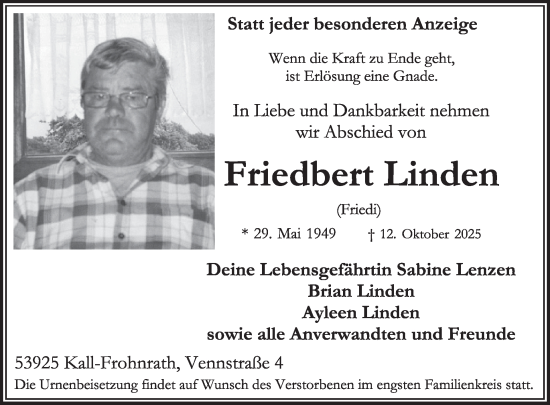 Traueranzeige von Friedbert Linden von WochenSpiegel