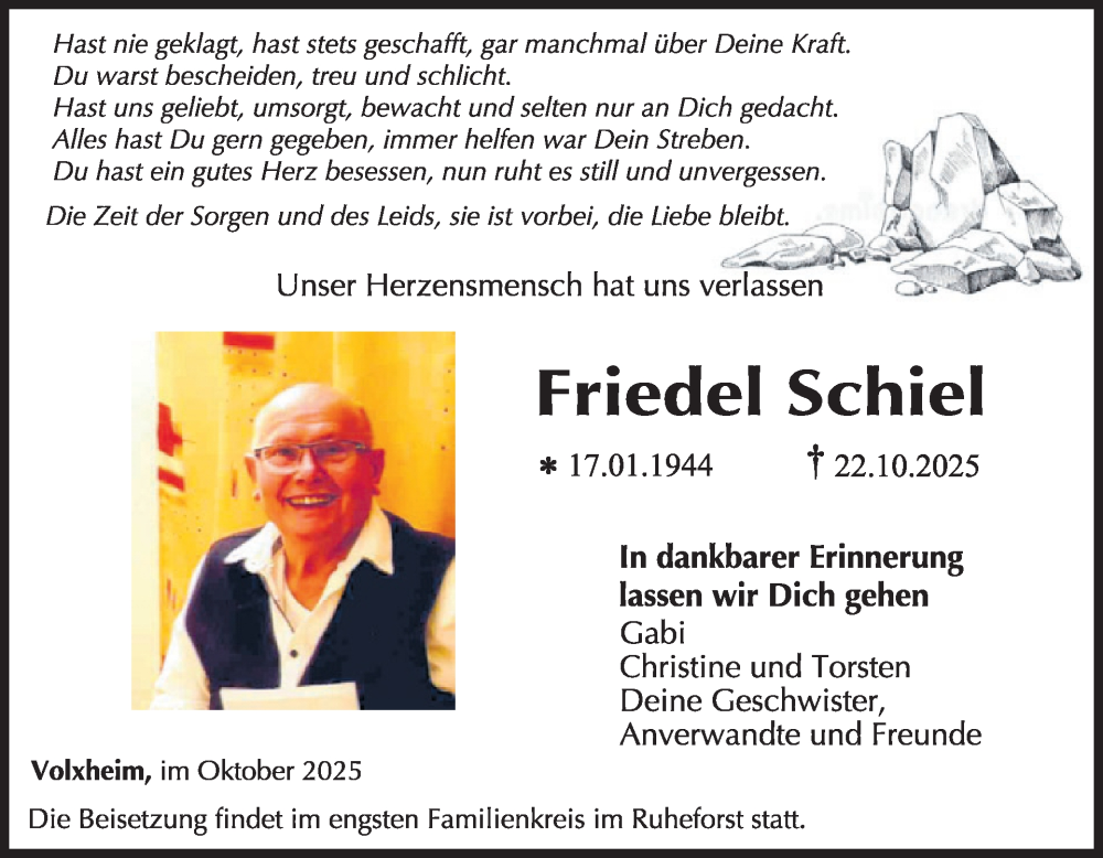  Traueranzeige für Friedel Schiel vom 31.10.2025 aus WochenSpiegel