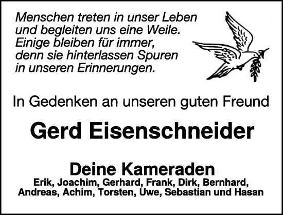 Traueranzeige von Gerd Eisenschneider von WochenSpiegel