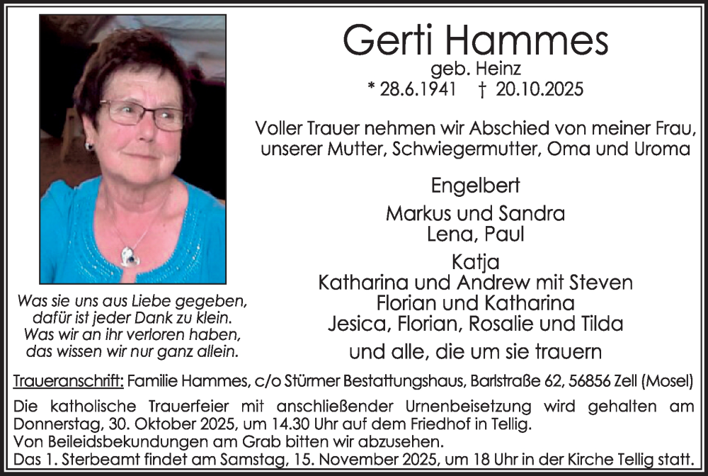  Traueranzeige für Gerti Hammes vom 29.10.2025 aus WochenSpiegel
