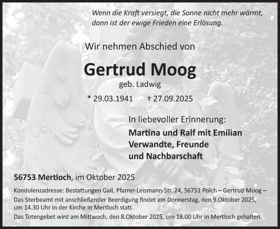 Traueranzeige von Gertrud Moog von WochenSpiegel