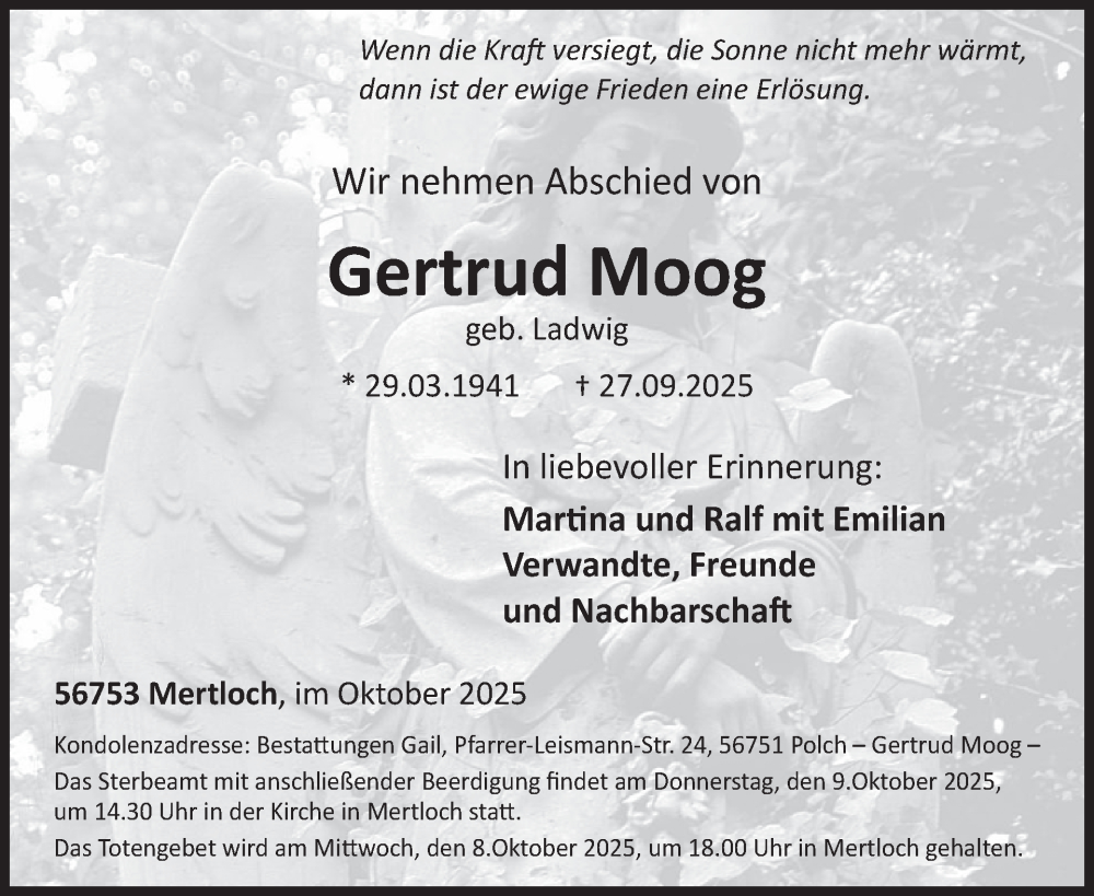  Traueranzeige für Gertrud Moog vom 08.10.2025 aus WochenSpiegel
