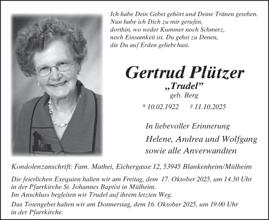 Traueranzeige von Gertrud Plützer von WochenSpiegel