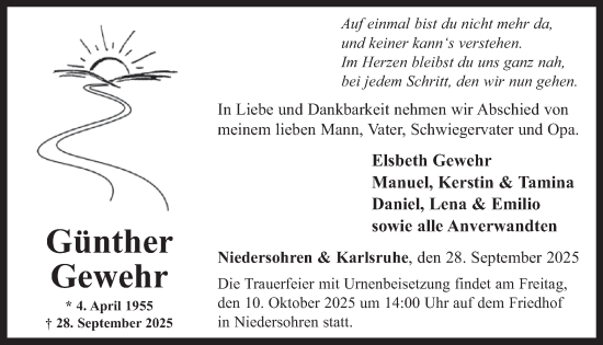 Traueranzeige von Günther Gewehr von WochenSpiegel