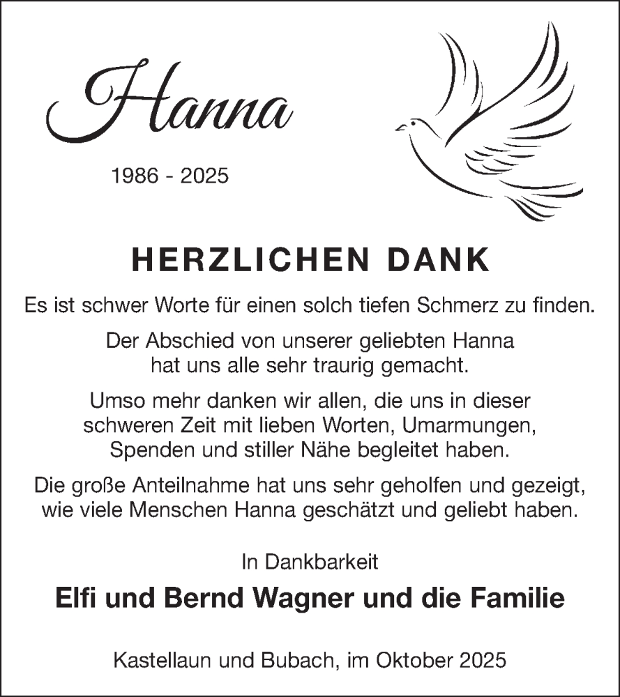  Traueranzeige für Hanna  vom 11.10.2025 aus WochenSpiegel