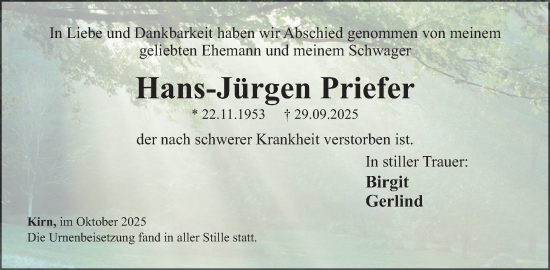 Traueranzeige von Hans-Jürgen Priefer von WochenSpiegel