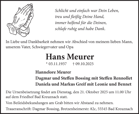 Traueranzeige von Hans Meurer von WochenSpiegel