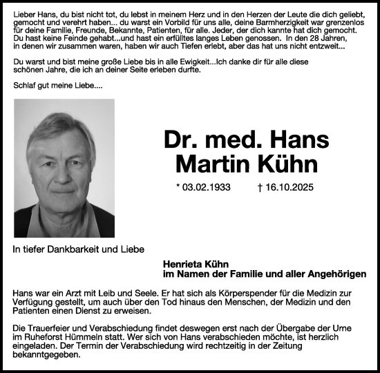 Traueranzeige von Hans Martin Kühn von WochenSpiegel