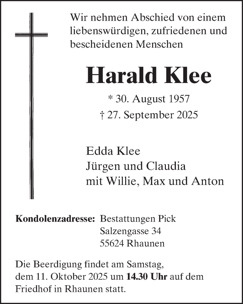  Traueranzeige für Harald Klee vom 04.10.2025 aus WochenSpiegel