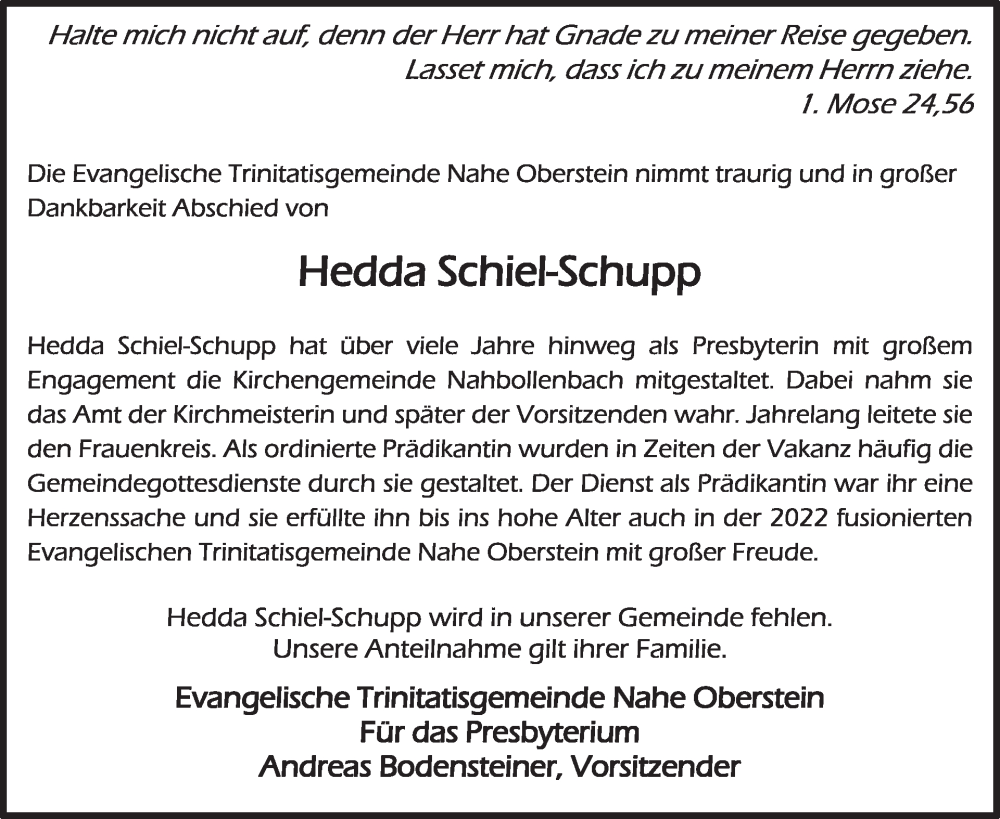  Traueranzeige für Hedda Schiel-Schupp vom 18.10.2025 aus WochenSpiegel