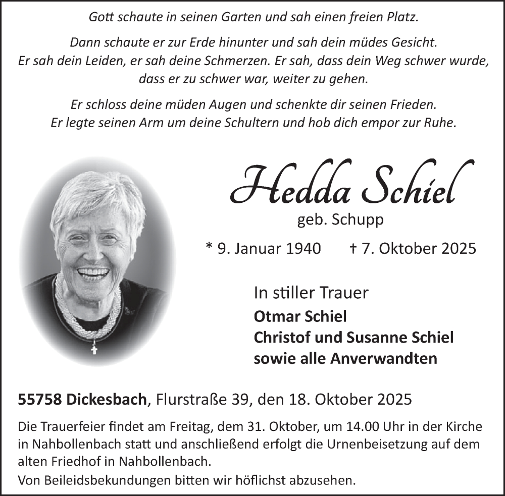  Traueranzeige für Hedda Schiel vom 18.10.2025 aus WochenSpiegel
