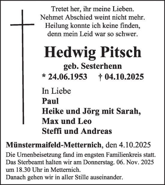 Traueranzeige von Hedwig Pitsch von WochenSpiegel