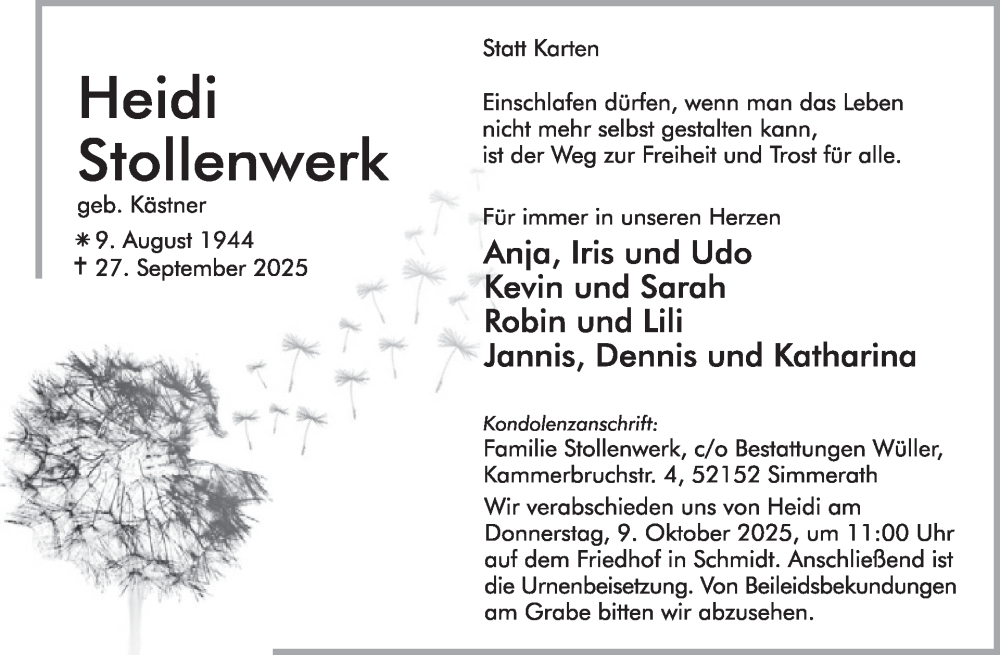  Traueranzeige für Heidi Stollenwerk vom 08.10.2025 aus WochenSpiegel