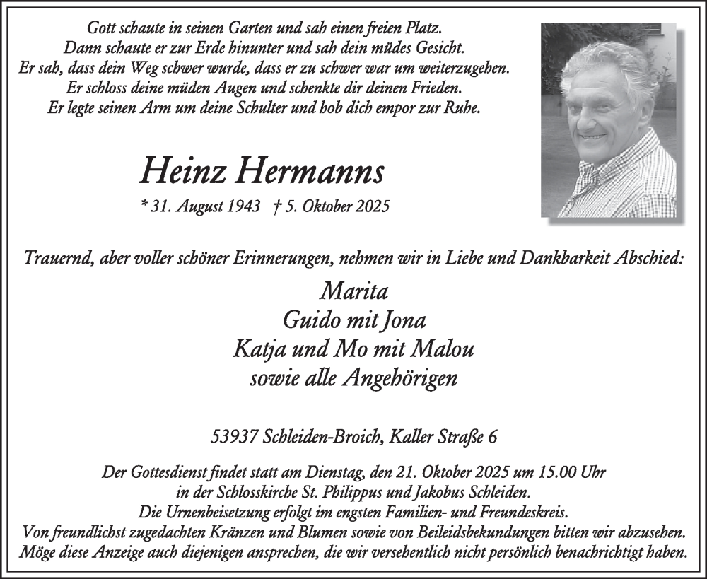 Traueranzeige für Heinz Hermanns vom 15.10.2025 aus WochenSpiegel