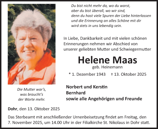 Traueranzeige von Helene Maas von WochenSpiegel