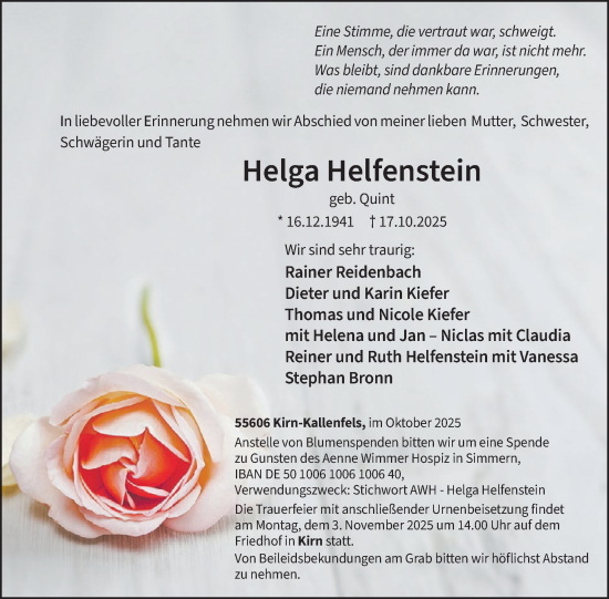 Traueranzeige von Helga Helfenstein von WochenSpiegel
