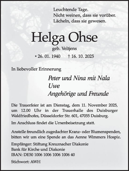 Traueranzeige von Helga Ohse von WochenSpiegel