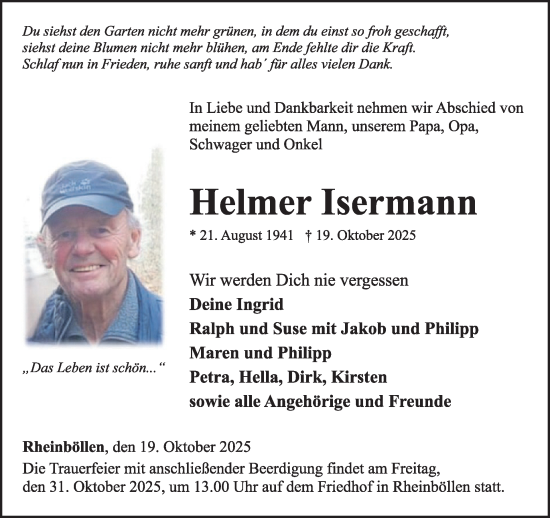 Traueranzeige von Helmer Isermann von WochenSpiegel