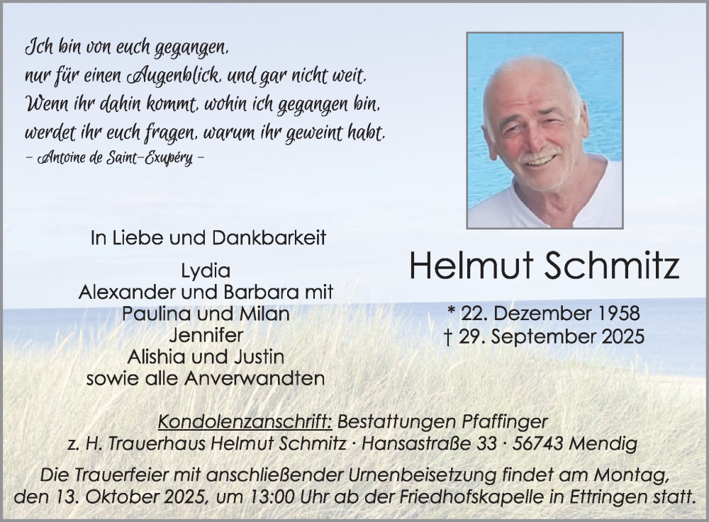  Traueranzeige für Helmut Schmitz vom 08.10.2025 aus WochenSpiegel