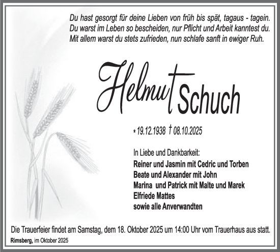 Traueranzeige von Helmut  Schuch von WochenSpiegel