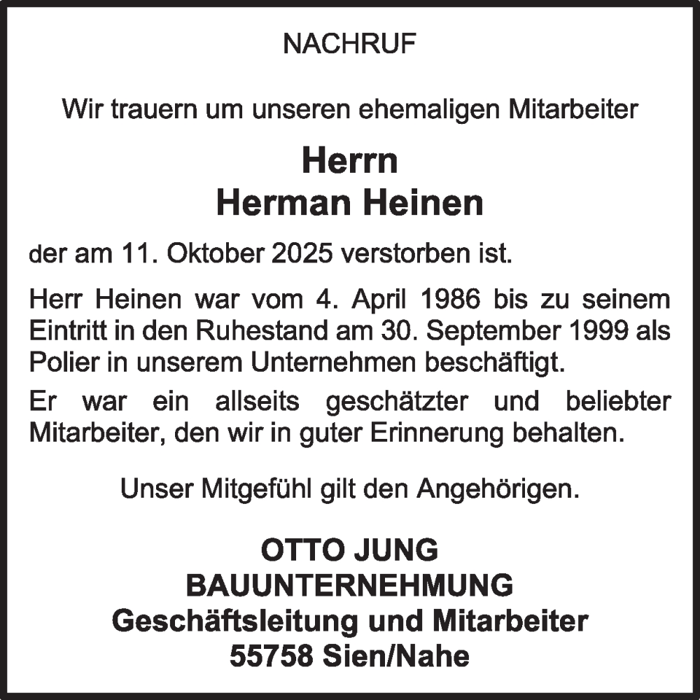  Traueranzeige für Herman Heinen vom 25.10.2025 aus WochenSpiegel