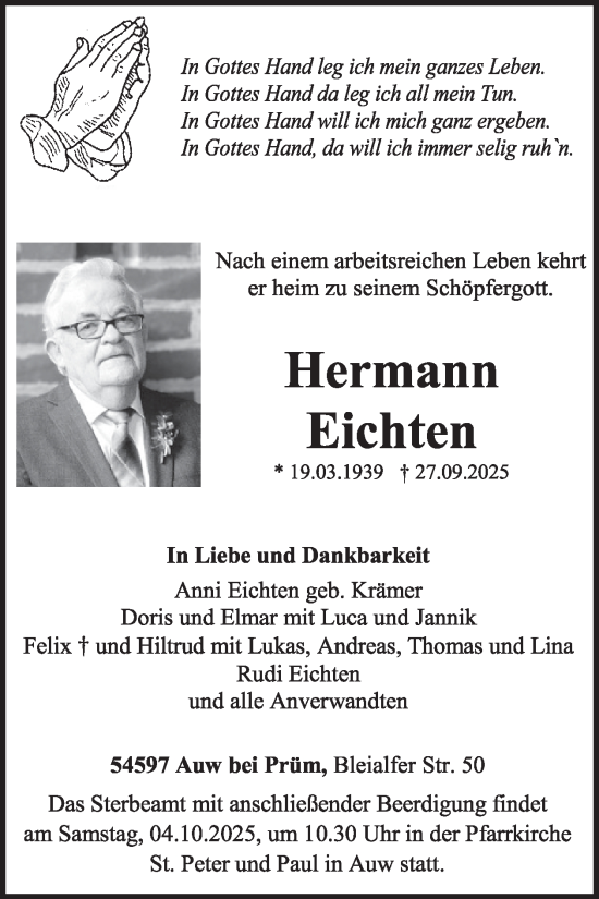 Traueranzeige von Hermann Eichten von WochenSpiegel