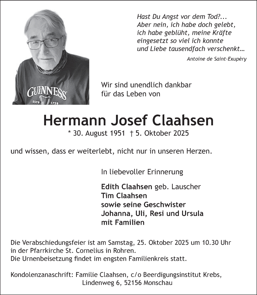  Traueranzeige für Hermann Josef Claahsen vom 15.10.2025 aus WochenSpiegel