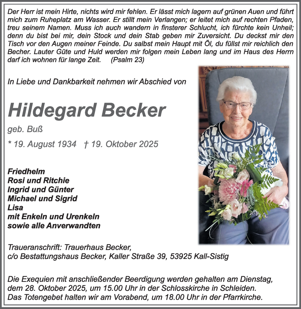  Traueranzeige für Hildegard Becker vom 22.10.2025 aus WochenSpiegel