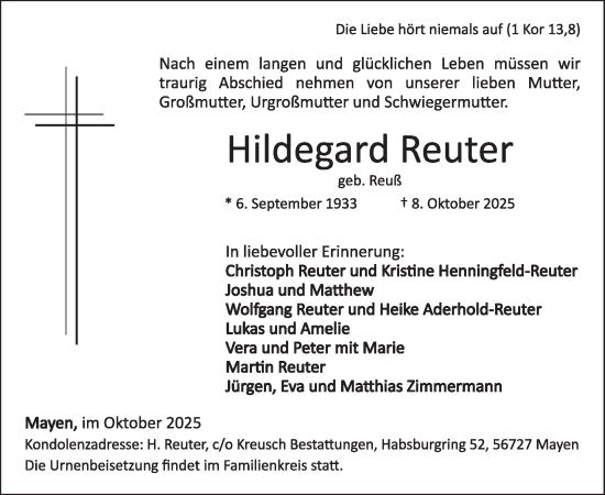 Traueranzeige von Hildegard Reuter von WochenSpiegel