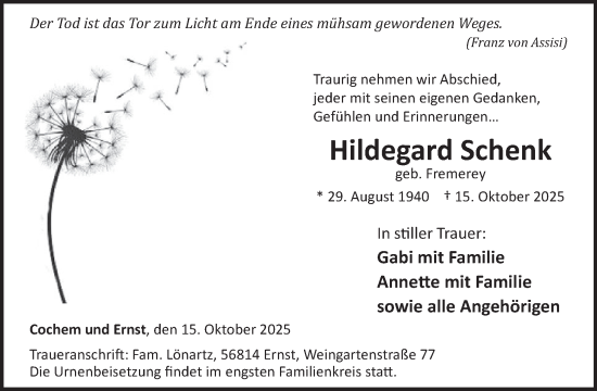 Traueranzeige von Hildegard Schenk von WochenSpiegel