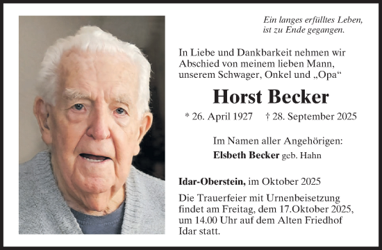 Traueranzeige von Horst Becker von WochenSpiegel
