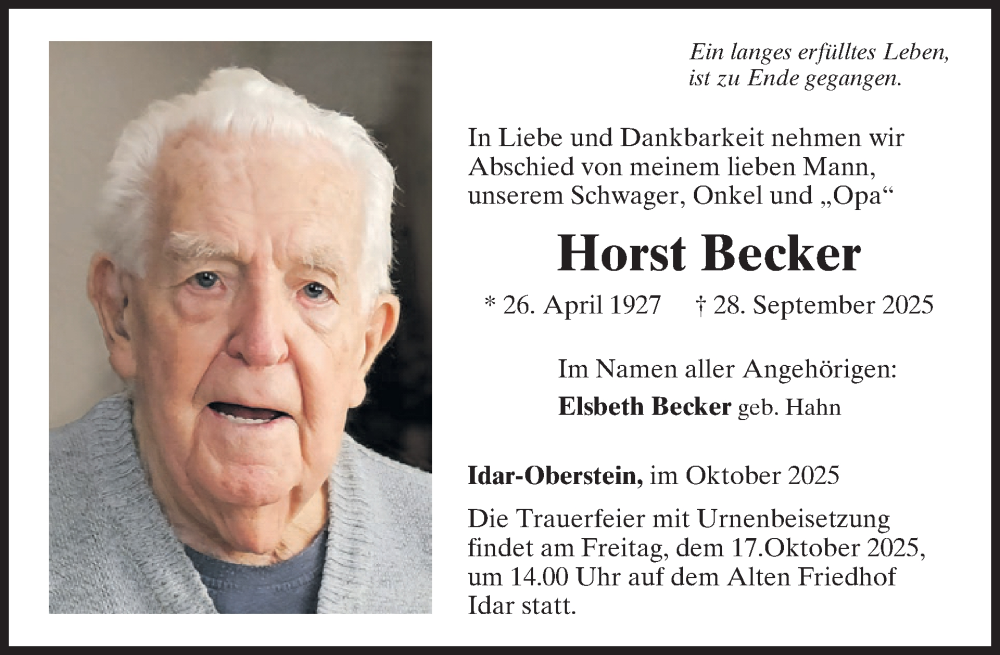  Traueranzeige für Horst Becker vom 11.10.2025 aus WochenSpiegel
