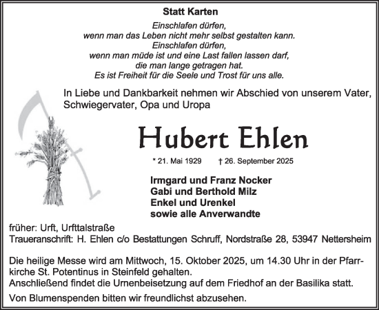 Traueranzeige von Hubert Ehlen von WochenSpiegel