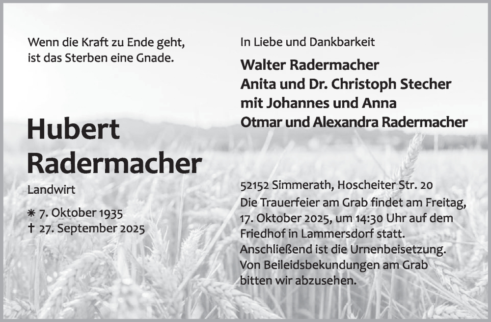  Traueranzeige für Hubert Radermacher vom 08.10.2025 aus WochenSpiegel