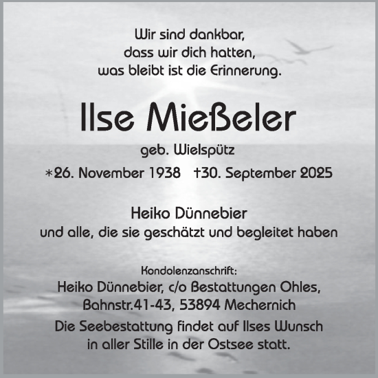 Traueranzeige von Ilse Mießeler von WochenSpiegel